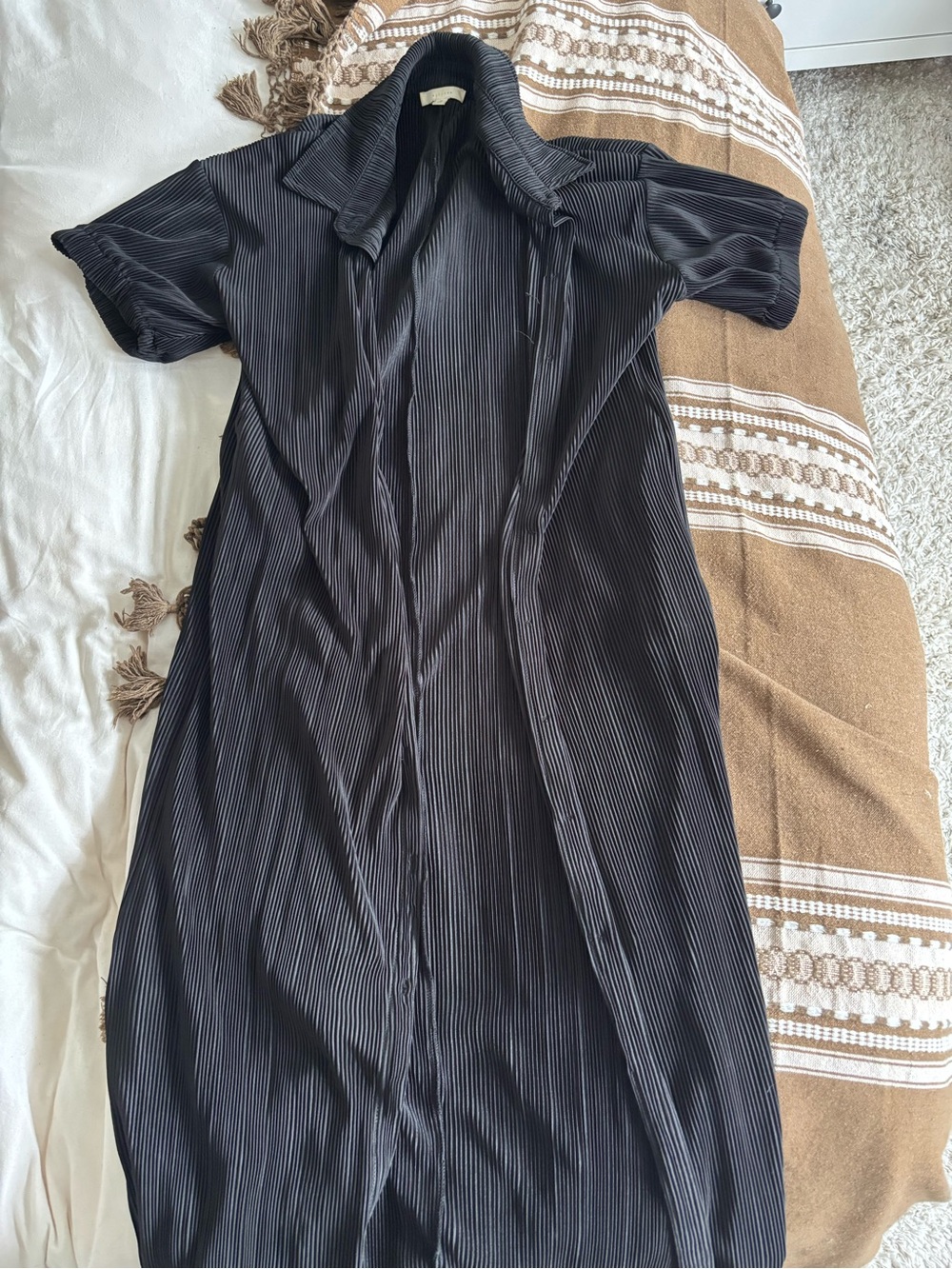 Black Pleated Short-Sleeve Shirt Dress - All Row